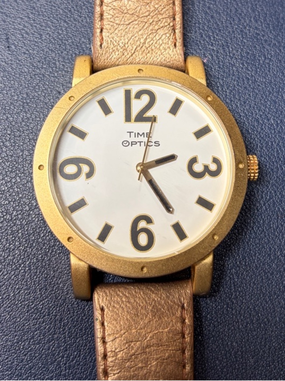 Time Optics Men's Gold Case Watch with White Dial and Brown Strap - new battery